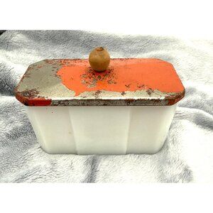 Vintage White Milk Glass Loaf Pan With Distressed Red Metal Lid & Wooden Knob Ha